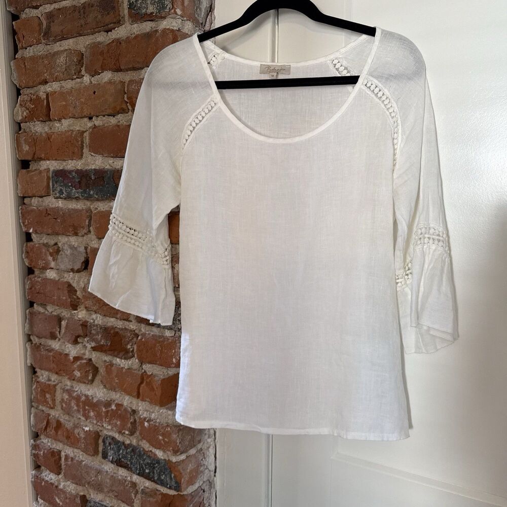 Bellambia Women's Medium White 100% Linen Lace 3/4 Sleeve Blouse